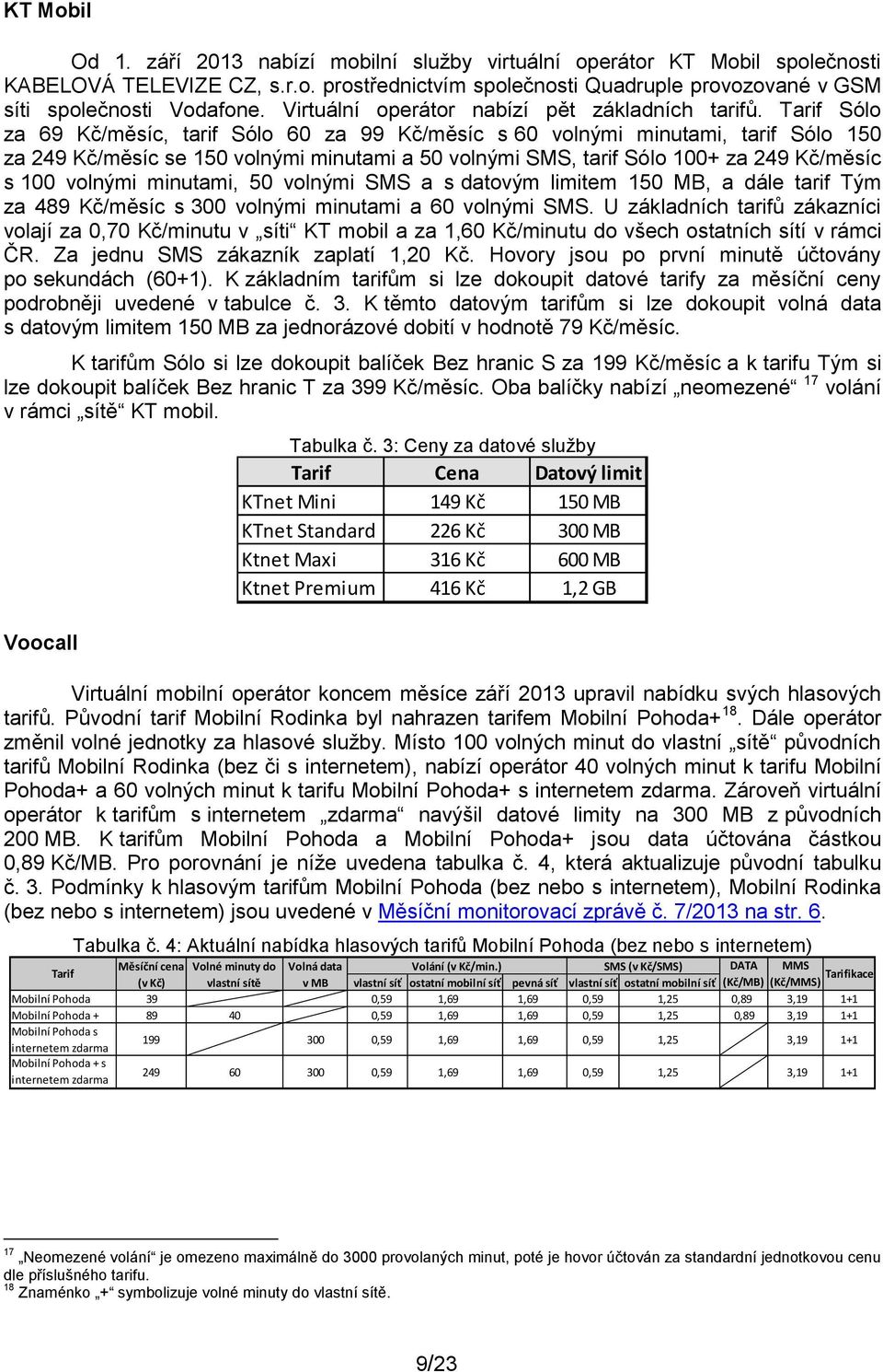 Tarif Sólo za 69 Kč/měsíc, tarif Sólo 60 za 99 Kč/měsíc s 60 volnými minutami, tarif Sólo 150 za 249 Kč/měsíc se 150 volnými minutami a 50 volnými SMS, tarif Sólo 100+ za 249 Kč/měsíc s 100 volnými