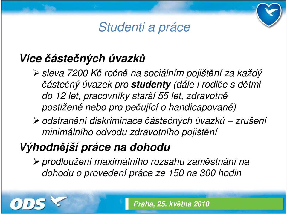 o handicapované) odstranění diskriminace částečných úvazků zrušení minimálního odvodu zdravotního pojištění