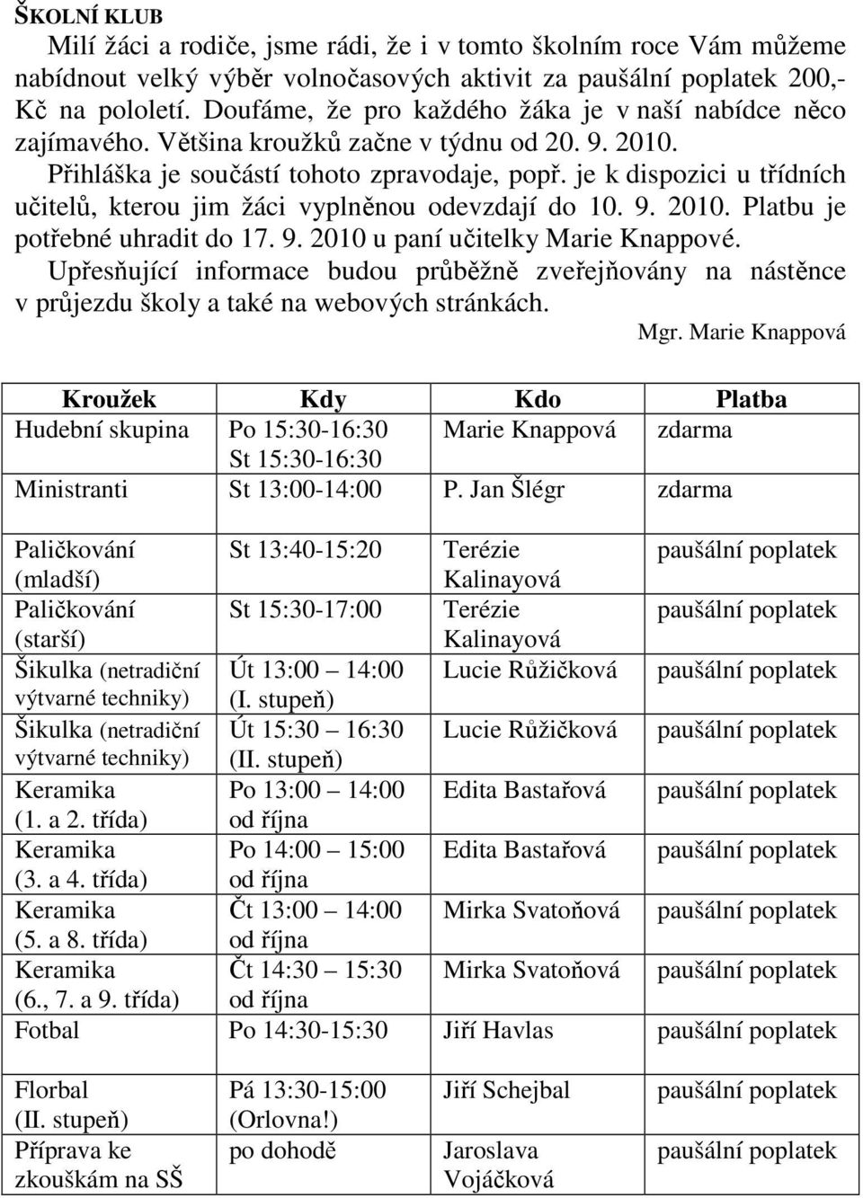 je k dispozici u třídních učitelů, kterou jim žáci vyplněnou odevzdají do 10. 9. 2010. Platbu je potřebné uhradit do 17. 9. 2010 u paní učitelky Marie Knappové.