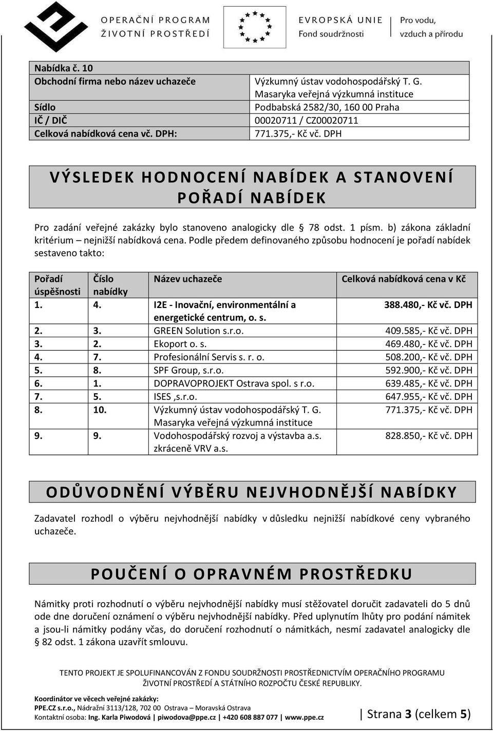 Podle předem definovaného způsobu hodnocení je pořadí nabídek sestaveno takto: Pořadí Číslo Název uchazeče Celková nabídková cena v Kč úspěšnosti nabídky 1. 4. I2E - Inovační, environmentální a 388.