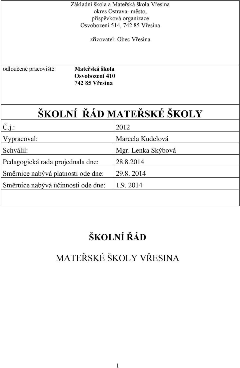 Č.j.: 2012 Vypracoval: Marcela Kudelová Schválil: Mgr. Lenka Skýbová Pedagogická rada projednala dne: 28.