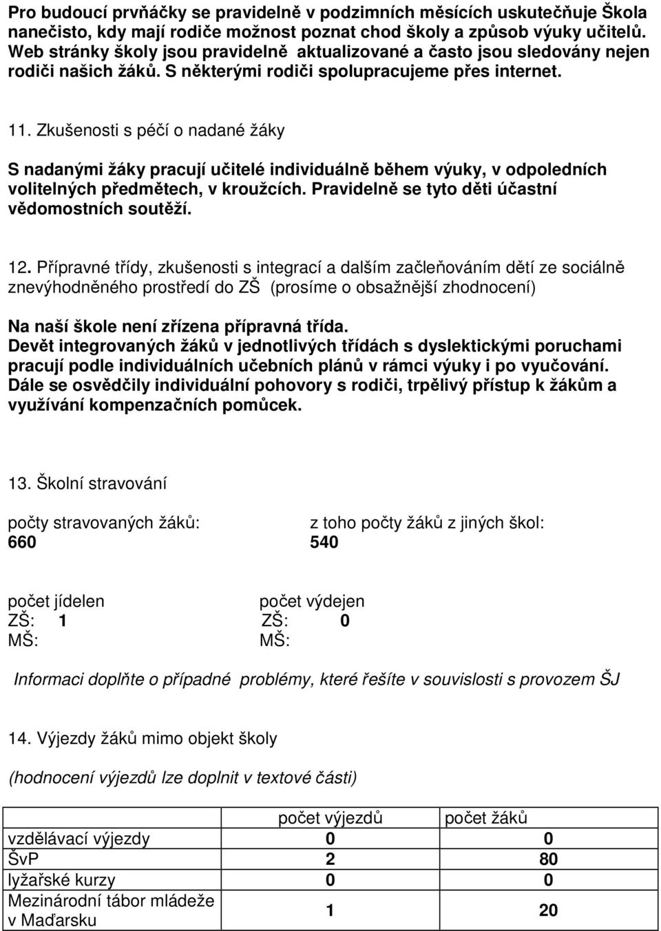 Zkušenosti s péčí o nadané žáky S nadanými žáky pracují učitelé individuálně během výuky, v odpoledních volitelných předmětech, v kroužcích. Pravidelně se tyto děti účastní vědomostních soutěží. 12.