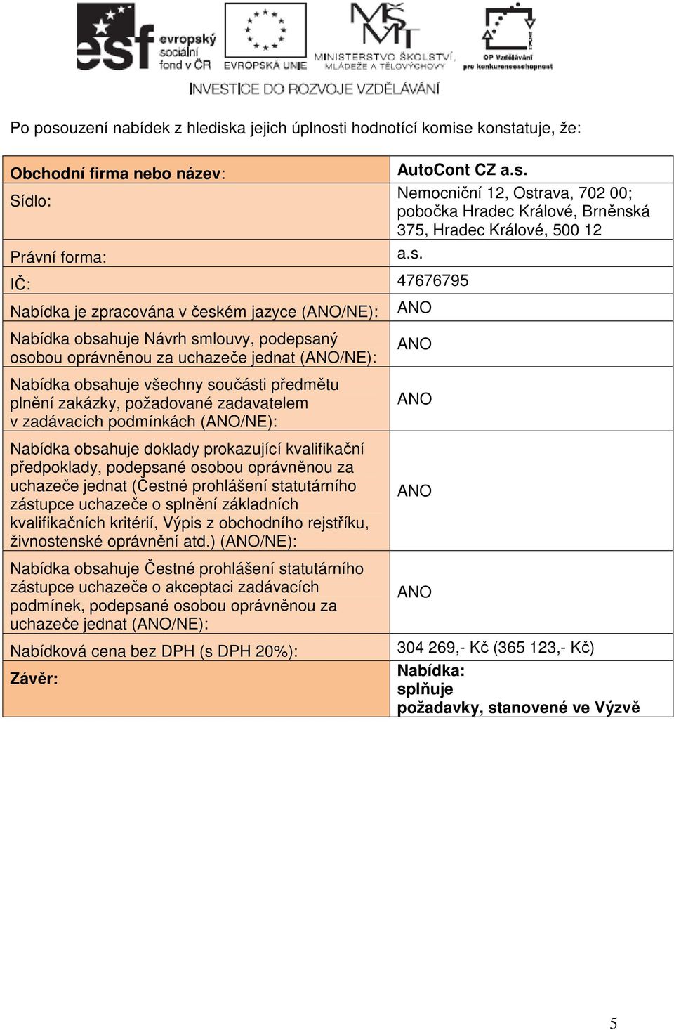 zakázky, požadované zadavatelem v zadávacích podmínkách (/NE): Nabídka obsahuje doklady prokazující kvalifikační předpoklady, podepsané osobou oprávněnou za uchazeče jednat (Čestné prohlášení