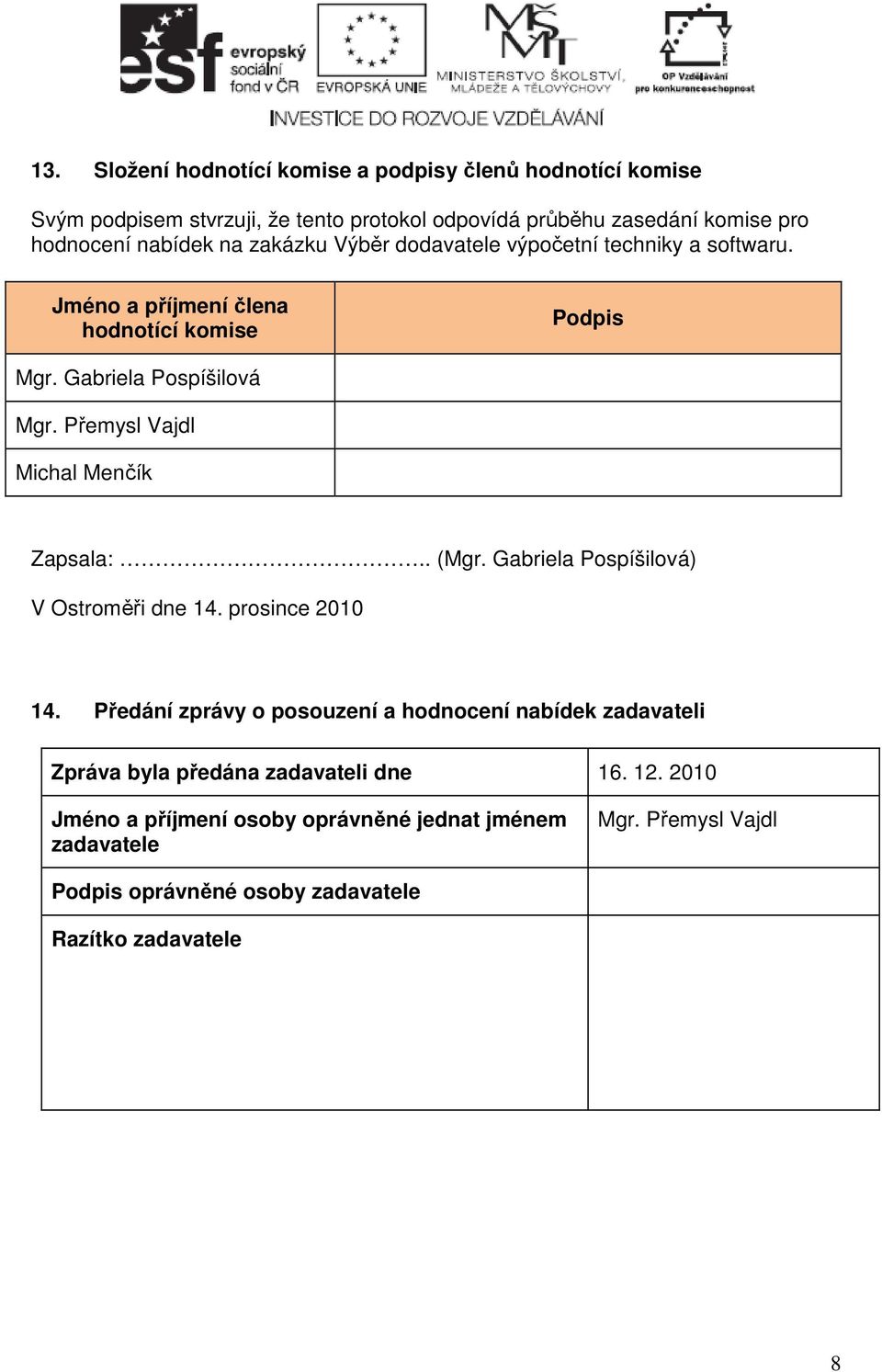 Přemysl Vajdl Michal Menčík Zapsala:.. (Mgr. Gabriela Pospíšilová) V Ostroměři dne 14. prosince 2010 14.