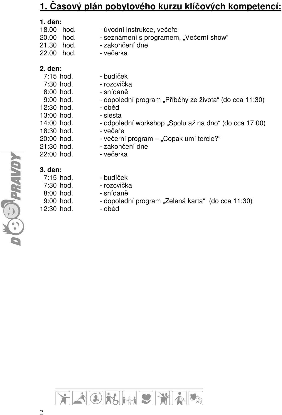 - dopolední program Příběhy ze života (do cca 11:30) 12:30 hod. - oběd 13:00 hod. - siesta 14:00 hod. - odpolední workshop Spolu až na dno (do cca 17:00) 18:30 hod.