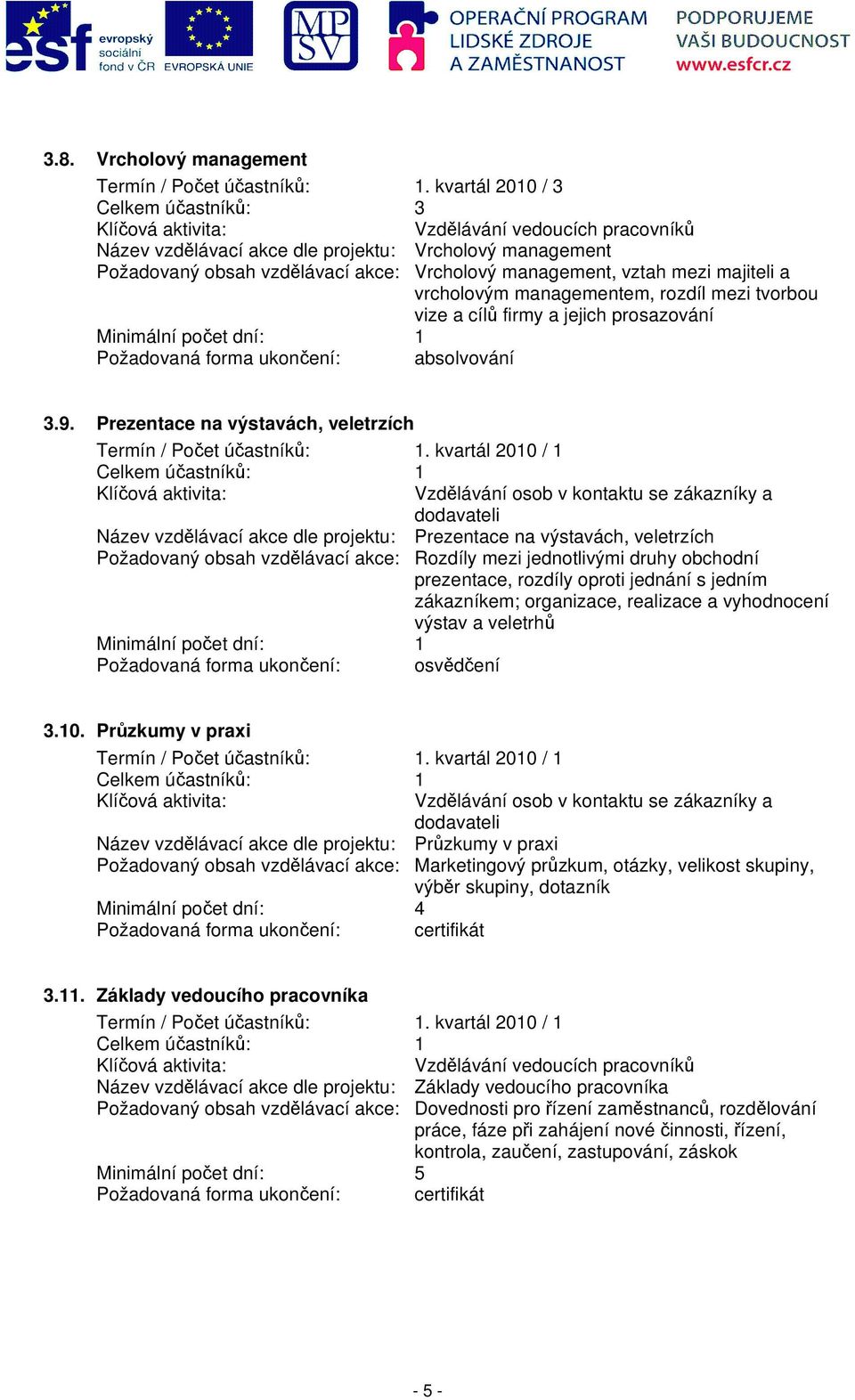 rozdíl mezi tvorbou vize a cílů firmy a jejich prosazování Minimální počet dní: 1 Požadovaná forma ukončení: absolvování 3.9. Prezentace na výstavách, veletrzích Termín / Počet účastníků: 1.