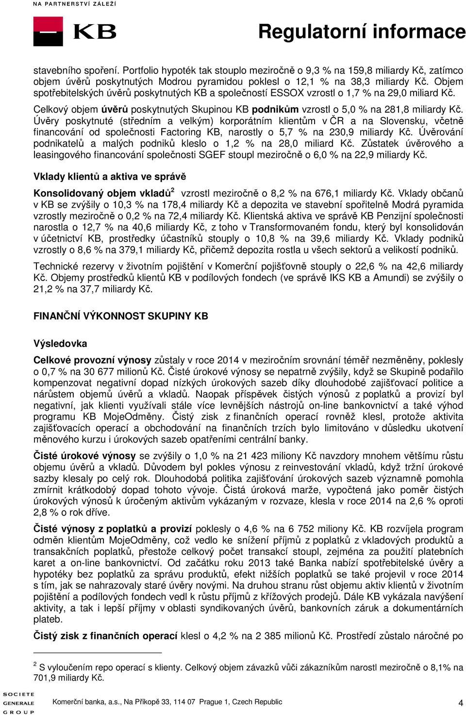 Úvěry poskytnuté (středním a velkým) korporátním klientům v ČR a na Slovensku, včetně financování od společnosti Factoring KB, narostly o 5,7 % na 230,9 miliardy Kč.