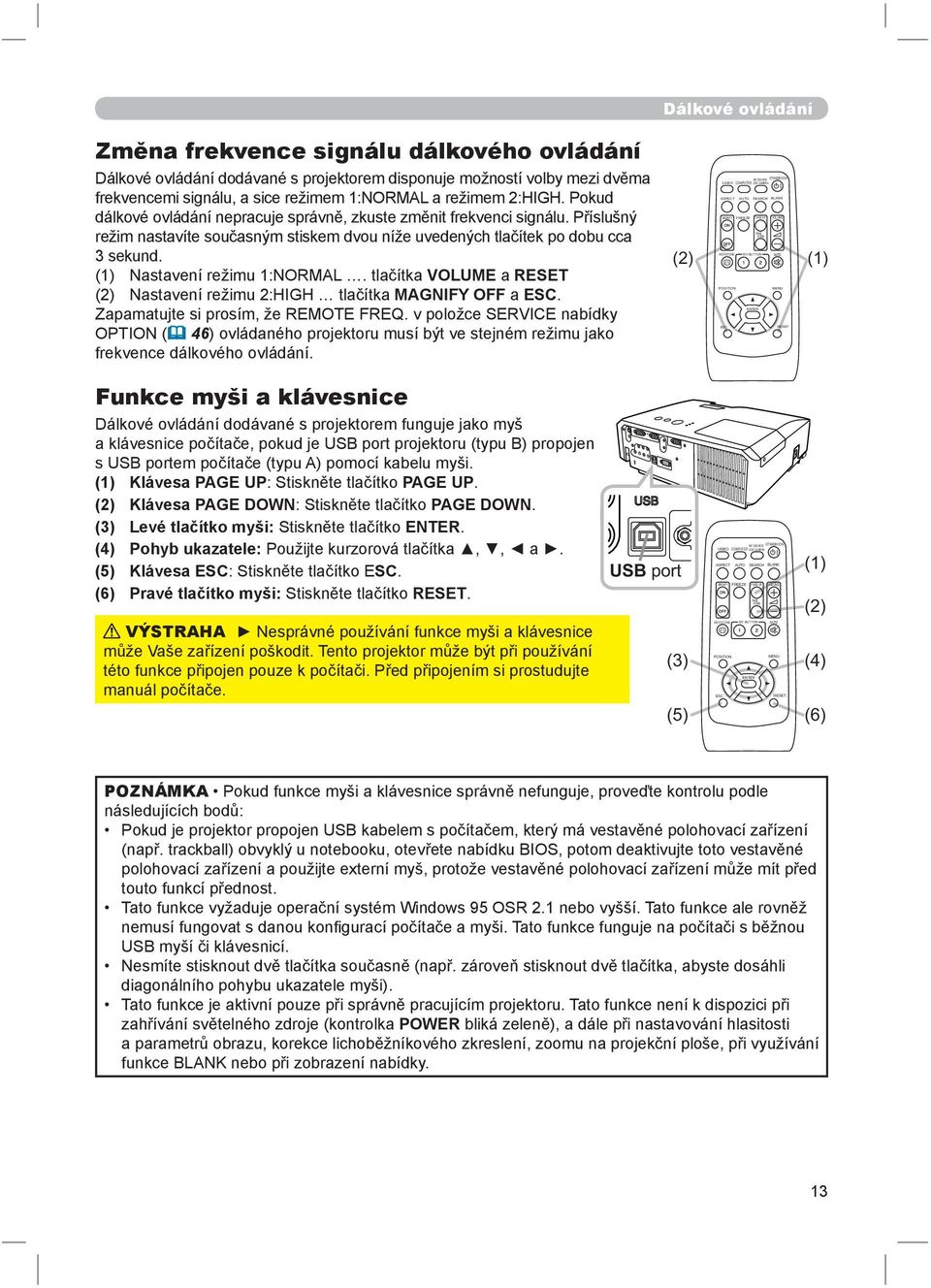 tlačítka VOLUME a RESET (2) Nastavení režimu 2:HIGH tlačítka MAGNIFY OFF a ESC. Zapamatujte si prosím, že REMOTE FREQ.