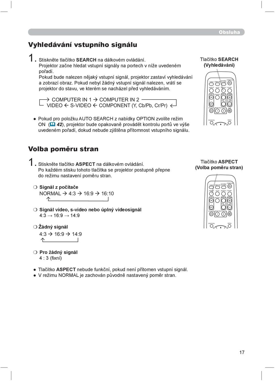 COMPUTER IN 1 COMPUTER IN 2 VIDEO S-VIDEO COMPONENT (Y, Cb/Pb, Cr/Pr) Tlačítko SEARCH (Vyhledávání) VIDEO ASPECT MAGNIFY KEYSTONE COMPUTER AUTO FREEZE MY SOURCE/ DOC.