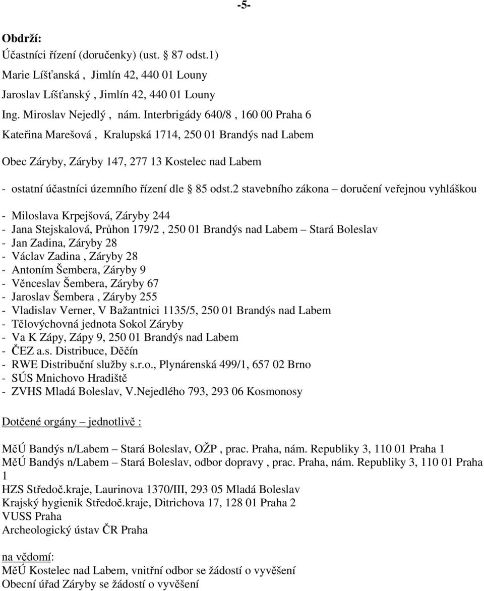 2 stavebního zákona doručení veřejnou vyhláškou - Miloslava Krpejšová, Záryby 244 - Jana Stejskalová, Průhon 179/2, 250 01 Brandýs nad Labem Stará Boleslav - Jan Zadina, Záryby 28 - Václav Zadina,