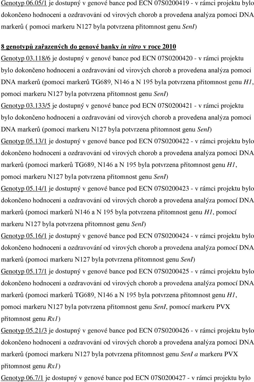 133/5 je dostupný v genové bance pod ECN 07S0200421 - v rámci projektu bylo dokončeno hodnocení a ozdravování od virových chorob a provedena analýza pomocí DNA markerů ( Genotyp 05.