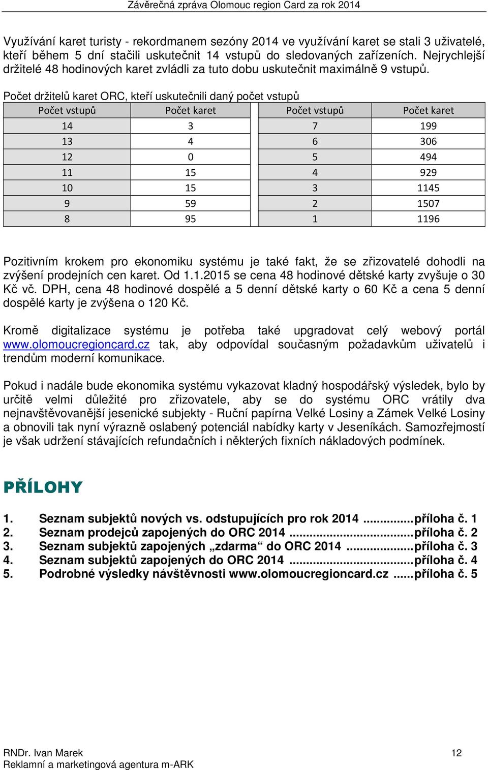 Počet držitelů karet ORC, kteří uskutečnili daný počet vstupů Počet vstupů Počet karet Počet vstupů Počet karet 14 3 7 199 13 4 6 306 12 0 5 494 11 15 4 929 10 15 3 1145 9 59 2 1507 8 95 1 1196