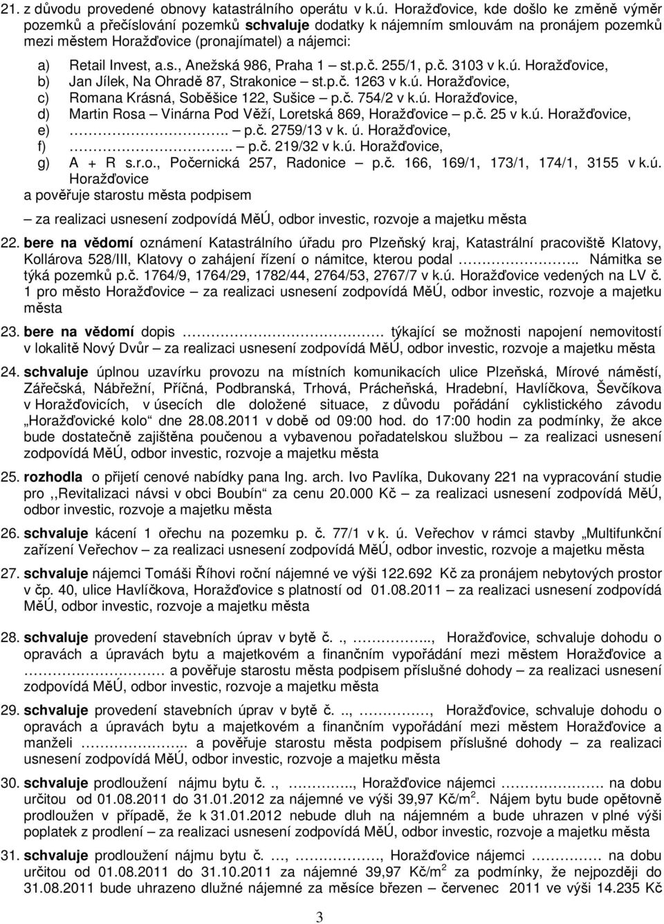 p.č. 255/1, p.č. 3103 v k.ú. Horažďovice, b) Jan Jílek, Na Ohradě 87, Strakonice st.p.č. 1263 v k.ú. Horažďovice, c) Romana Krásná, Soběšice 122, Sušice p.č. 754/2 v k.ú. Horažďovice, d) Martin Rosa Vinárna Pod Věží, Loretská 869, Horažďovice p.