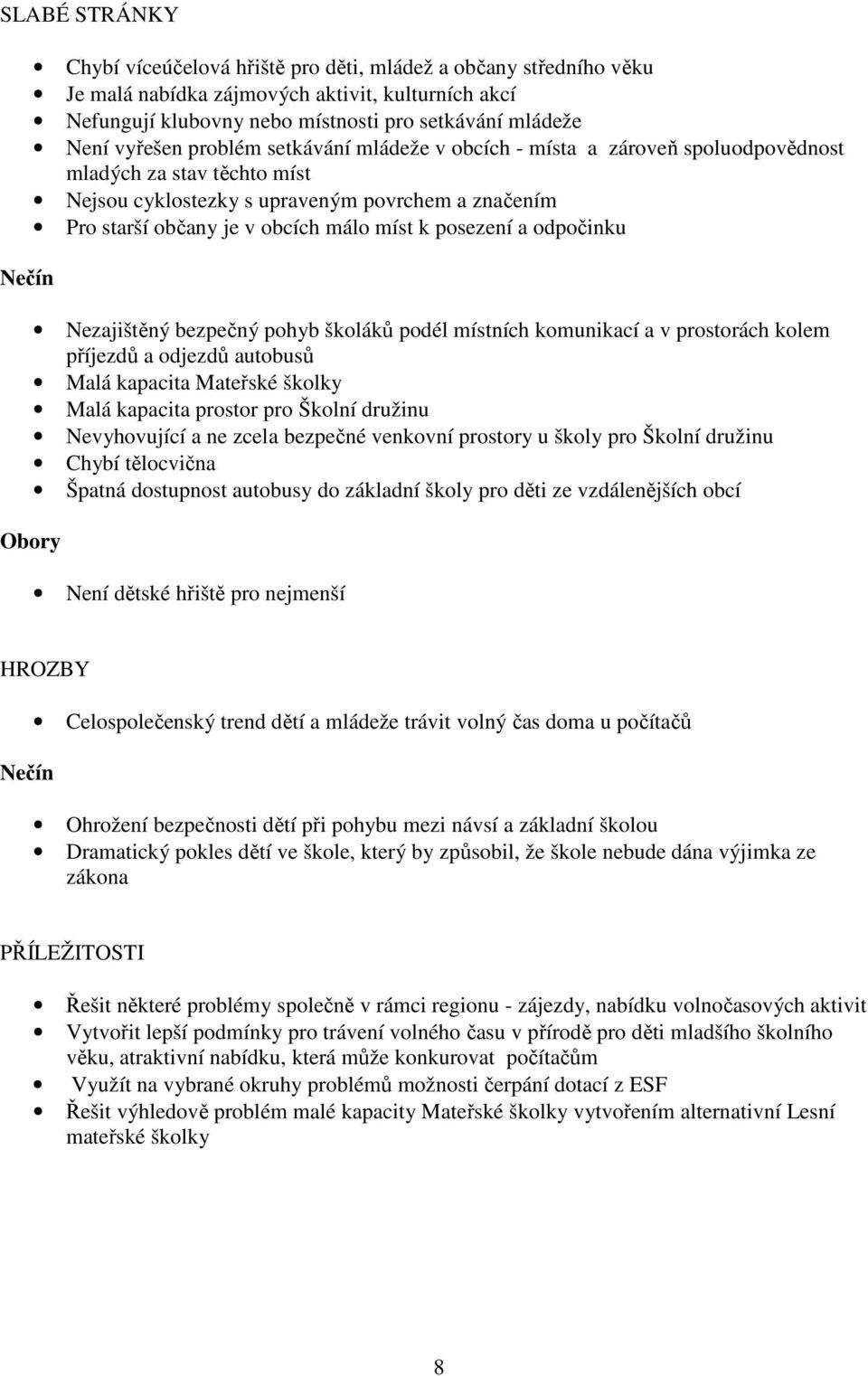 posezení a odpočinku Nezajištěný bezpečný pohyb školáků podél místních komunikací a v prostorách kolem příjezdů a odjezdů autobusů Malá kapacita Mateřské školky Malá kapacita prostor pro Školní