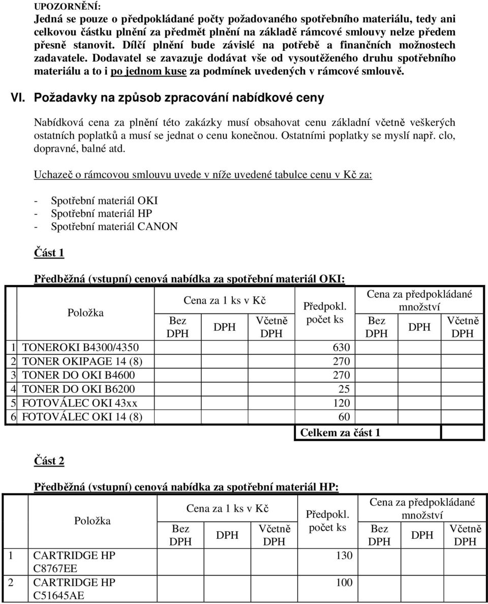 Dodavatel se zavazuje dodávat vše od vysoutěženého druhu spotřebního materiálu a to i po jednom kuse za podmínek uvedených v rámcové smlouvě. VI.