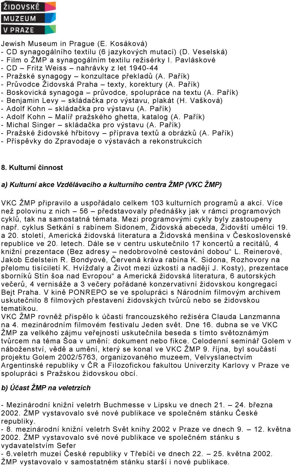 Pařík) - Boskovická synagoga průvodce, spolupráce na textu (A. Pařík) - Benjamin Levy skládačka pro výstavu, plakát (H. Vašková) - Adolf Kohn skládačka pro výstavu (A.