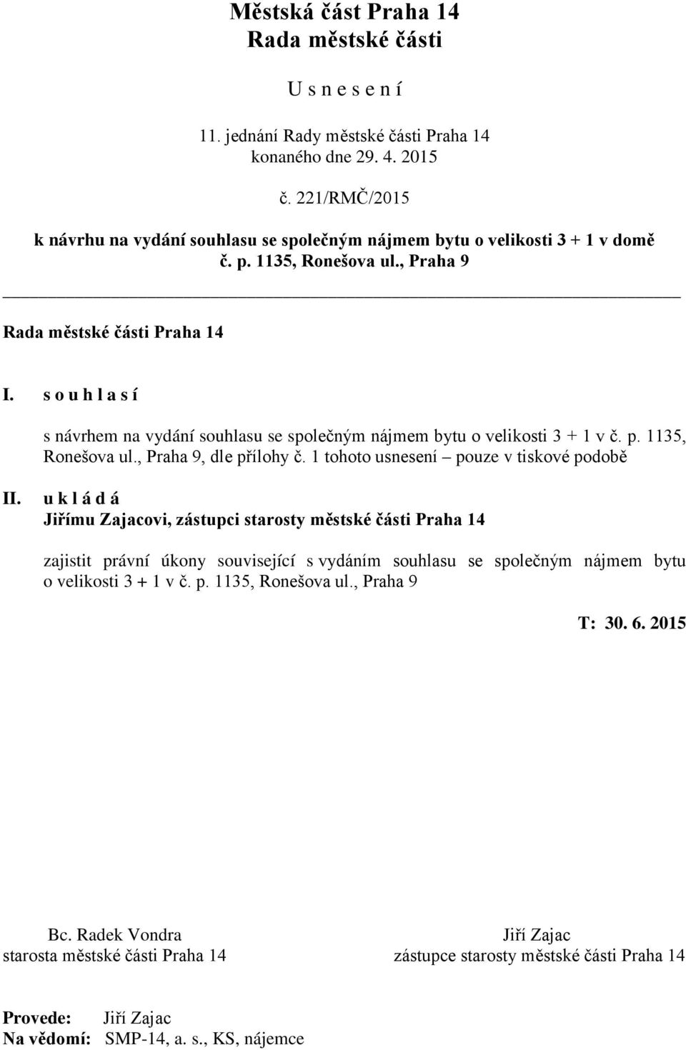 1 tohoto usnesení pouze v tiskové podobě Jiřímu Zajacovi, zástupci starosty městské části Praha 14 zajistit právní úkony související s vydáním souhlasu se společným