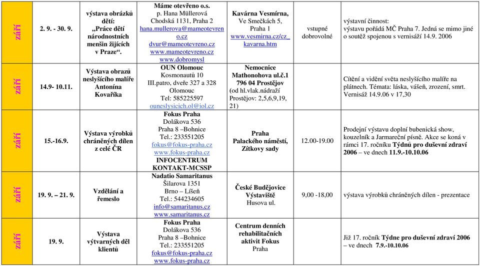 patro, dveře 327 a 328 Olomouc Tel: 585225597 ouneslysicich.ol@iol.cz Fokus Dolákova 536 8 Bohnice Tel.: 233551205 fokus@fokus-praha.cz www.fokus-praha.cz INFOCENTRUM KONTAKT-MCSSP Fokus Dolákova 536 8 Bohnice Tel.