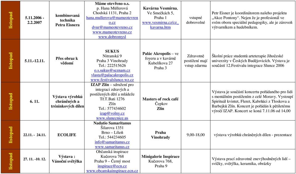 Přes obraz k vědomí výrobků chráněných a tréninkových dílen 22.11. - 24.11. ECOLIFE 27. 11. -10. 12. : Vánoční světýlka SUKUS Nitranská 9 3 Vinohrady Tel.: 222515626 o.s.sukus@seznam.