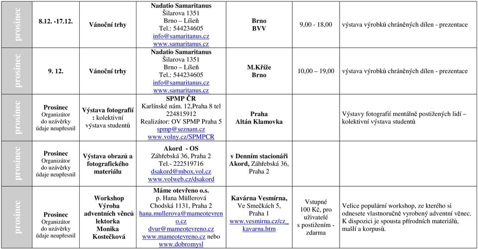 Kříže Brno Altán Klamovka 9,00-18,00 výstava výrobků chráněných dílen - prezentace 10,00 19,00 výstava výrobků chráněných dílen - prezentace Výstavy fotografií mentálně postižených lidí kolektivní