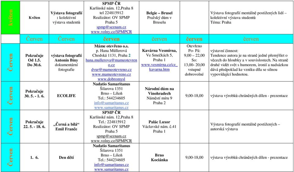 6. výstava fotografií Antonín Bíny dokumentární fotografie 30. 5. - 1. 6. ECOLIFE 22. 5. - 18. 6. Černá a bílá Emil Franče 1. 6. Den dětí Chodská 1131, 2 dvur@mameotevren www.