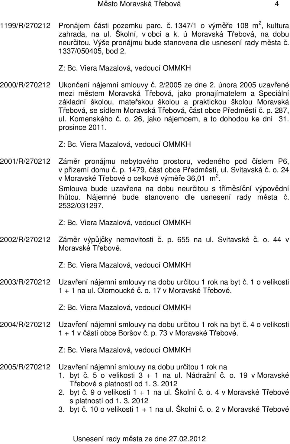 února 2005 uzavřené mezi městem Moravská Třebová, jako pronajímatelem a Speciální základní školou, mateřskou školou a praktickou školou Moravská Třebová, se sídlem Moravská Třebová, část obce