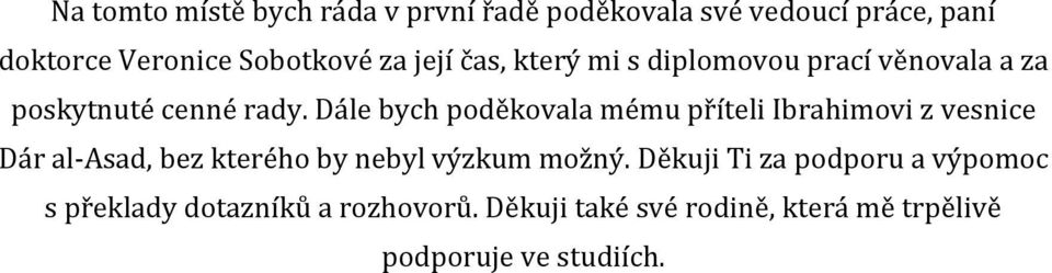 Dále bych poděkovala mému příteli Ibrahimovi z vesnice Dár al-asad, bez kterého by nebyl výzkum možný.