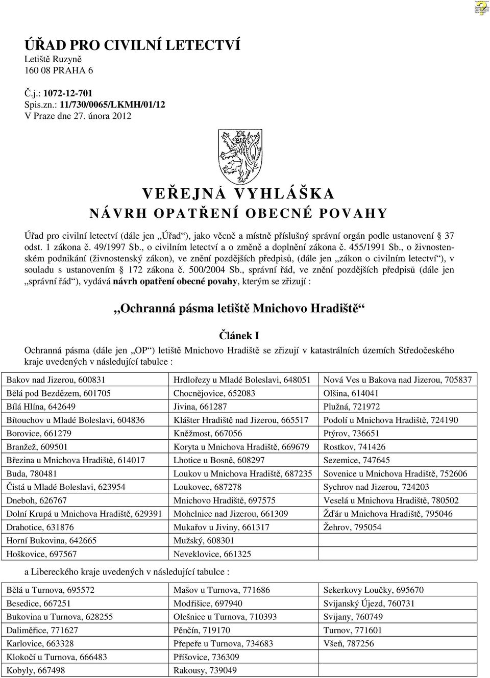 49/1997 Sb., o civilním letectví a o změně a doplnění zákona č. 455/1991 Sb.