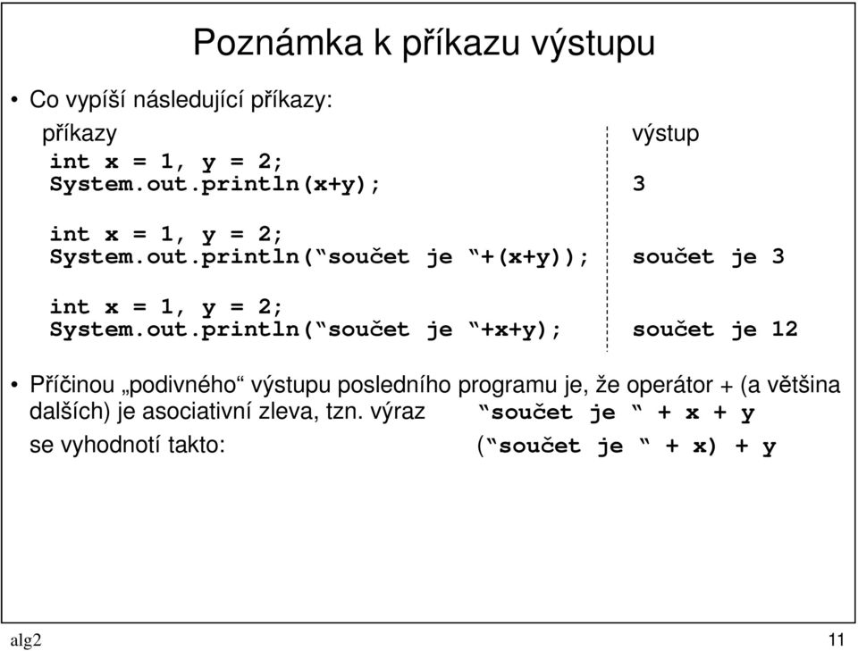 out.println( součet je +x+y); součet je 12 Příčinou podivného výstupu posledního programu je, že operátor +