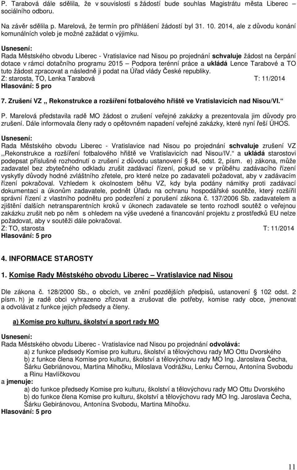 Rada Městského obvodu Liberec - Vratislavice nad Nisou po projednání schvaluje žádost na čerpání dotace v rámci dotačního programu 2015 Podpora terénní práce a ukládá Lence Tarabové a TO tuto žádost