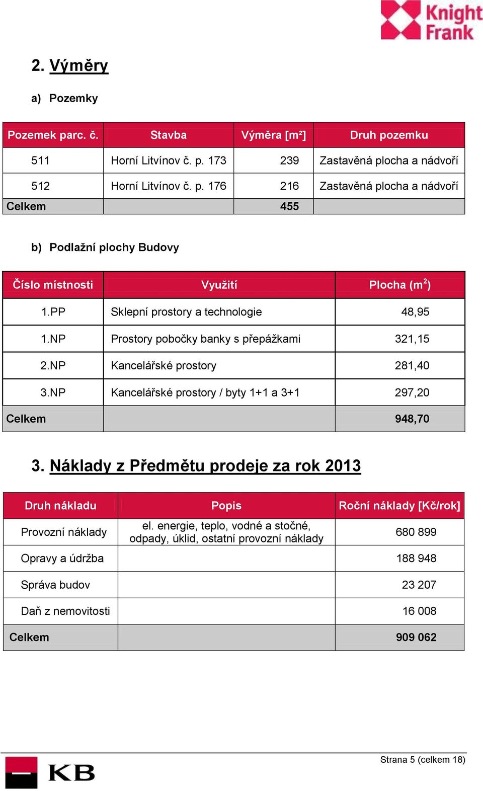 NP Kancelářské prostory / byty 1+1 a 3+1 297,20 Celkem 948,70 3. Náklady z Předmětu prodeje za rok 2013 Druh nákladu Popis Roční náklady [Kč/rok] Provozní náklady el.