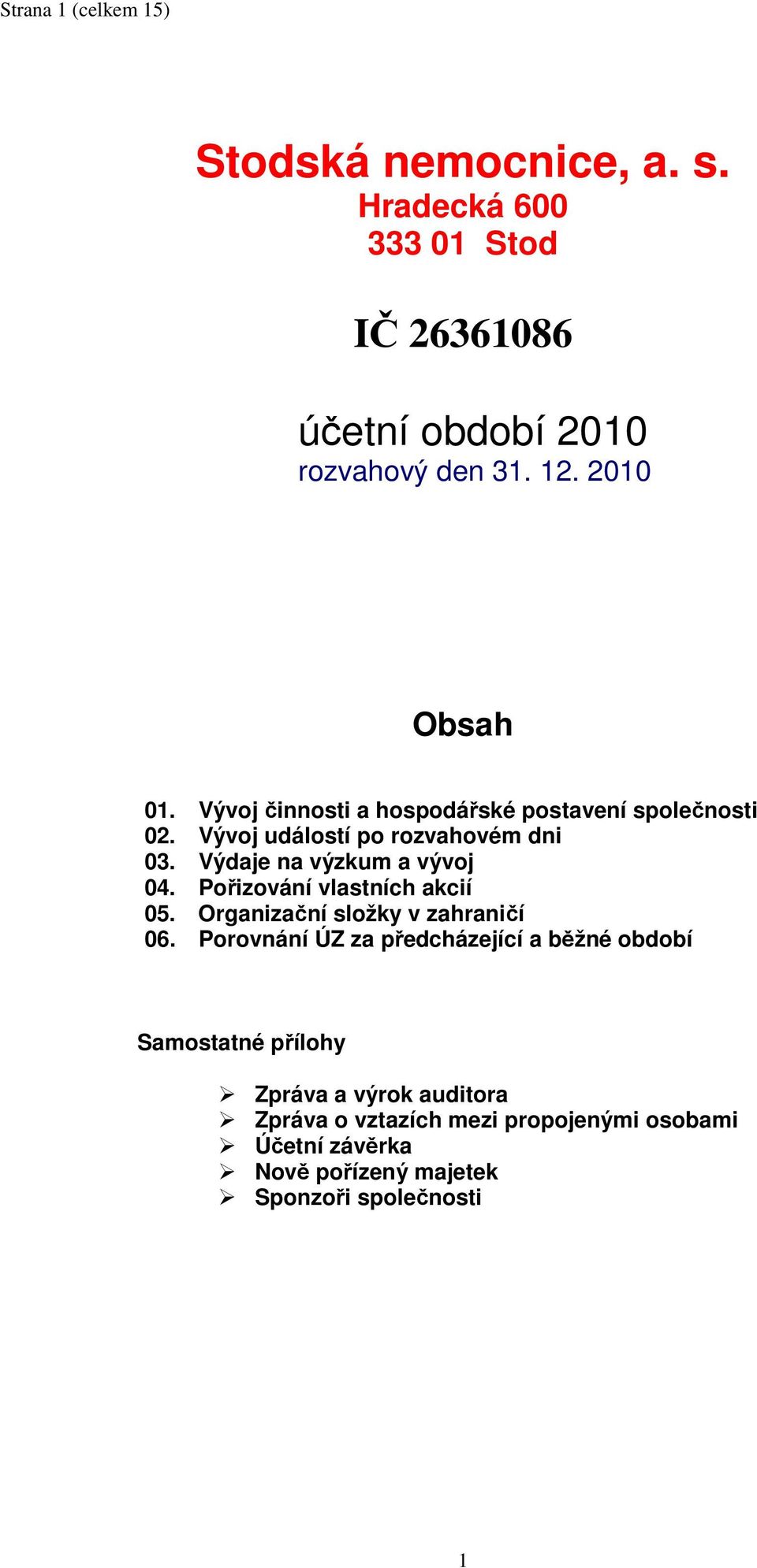 Výdaje na výzkum a vývoj 04. Pořizování vlastních akcií 05. Organizační složky v zahraničí 06.