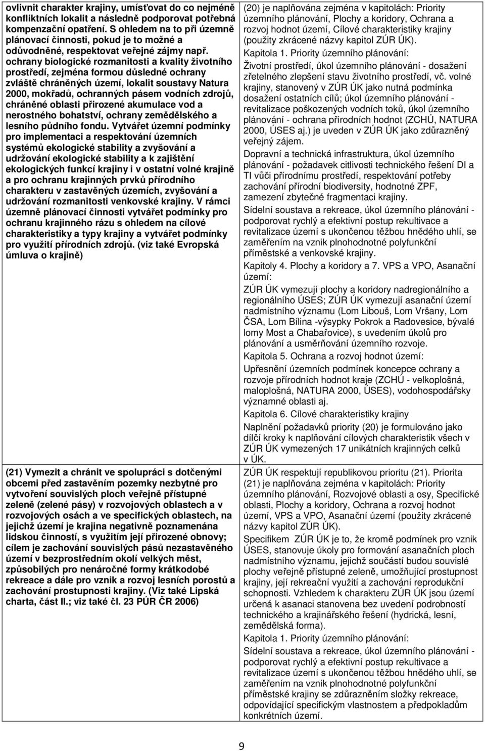 ochrany biologické rozmanitosti a kvality životního prostředí, zejména formou důsledné ochrany zvláště chráněných území, lokalit soustavy Natura 2000, mokřadů, ochranných pásem vodních zdrojů,