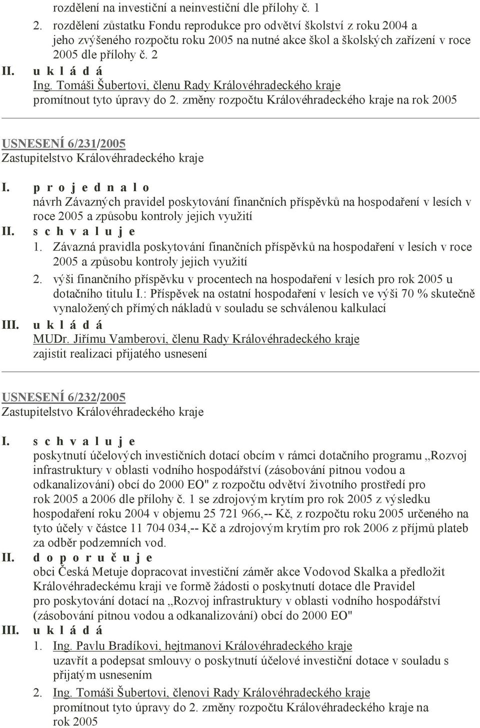 Tomáši Šubertovi, členu Rady Královéhradeckého kraje promítnout tyto úpravy do 2. změny rozpočtu Královéhradeckého kraje na rok 2005 USNESENÍ 6/231/2005 I.