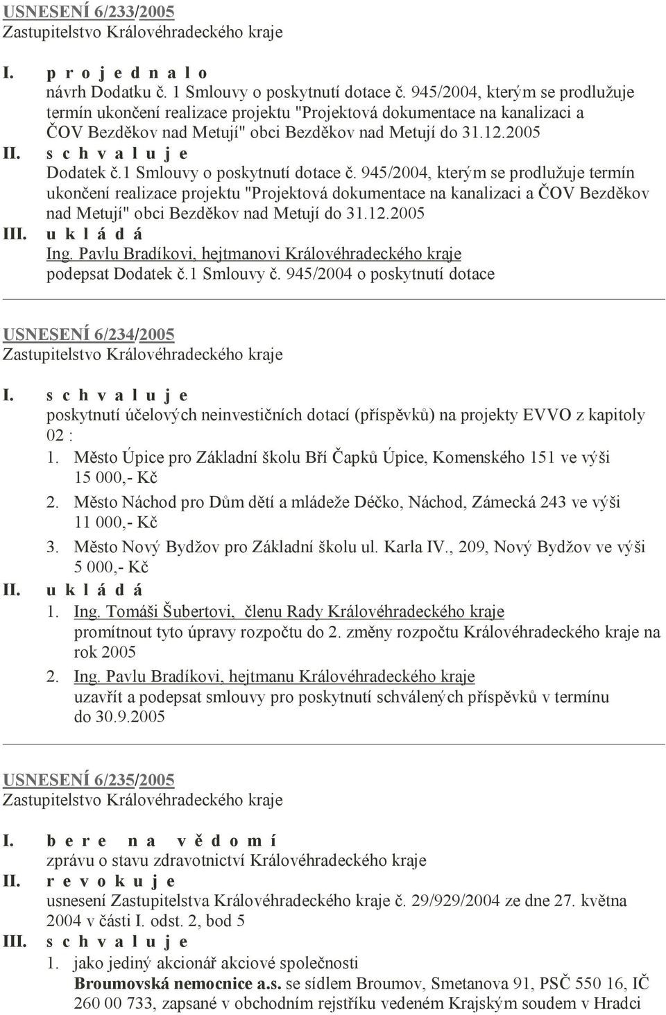 1 Smlouvy o poskytnutí dotace č. 945/2004, kterým se prodlužuje termín ukončení realizace projektu "Projektová dokumentace na kanalizaci a ČOV Bezděkov nad Metují" obci Bezděkov nad Metují do 31.12.