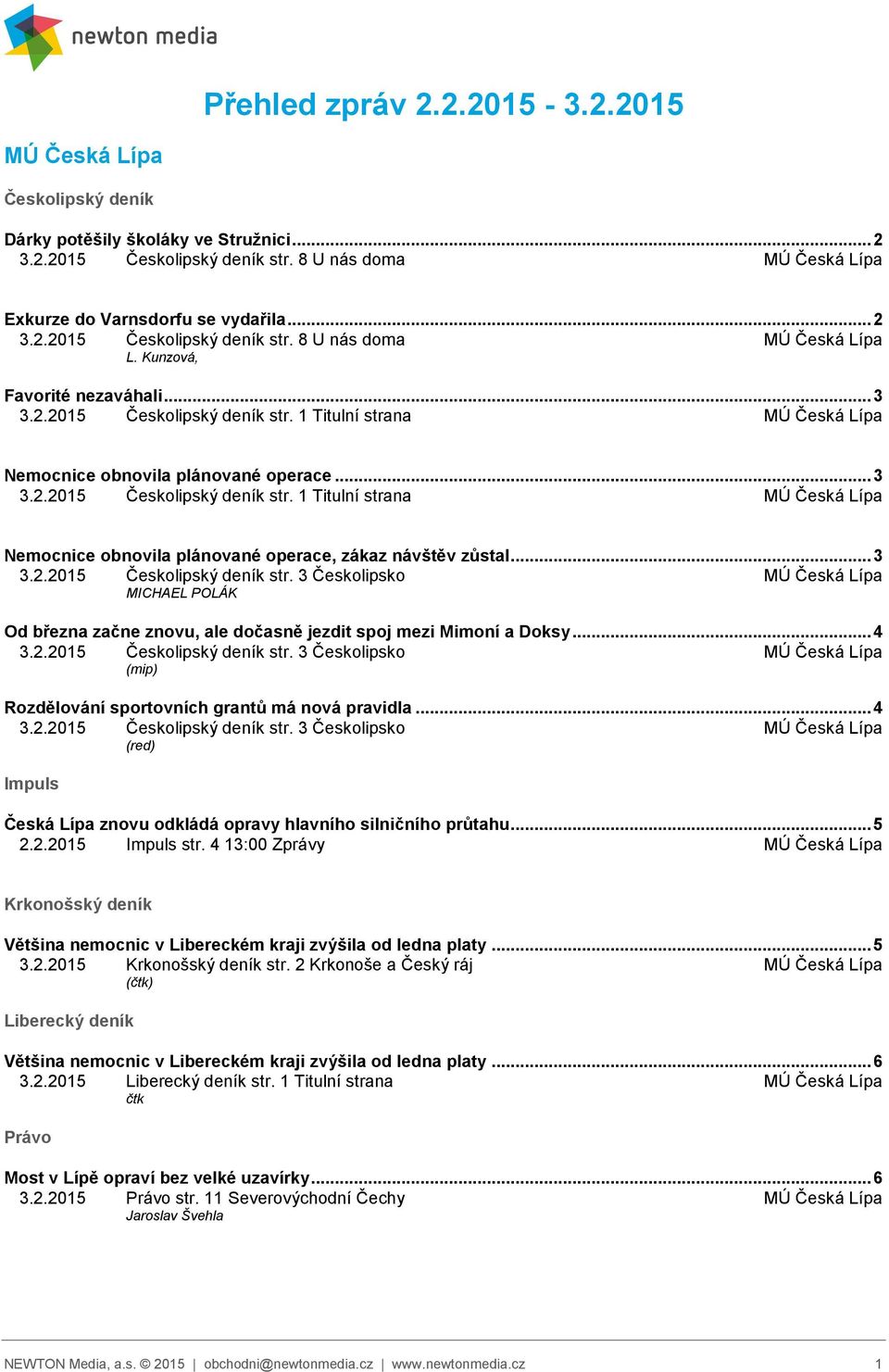 .. 3 3.2.2015 Českolipský deník str. 3 Českolipsko MICHAEL POLÁK Od března začne znovu, ale dočasně jezdit spoj mezi Mimoní a Doksy... 4 3.2.2015 Českolipský deník str. 3 Českolipsko (mip) Rozdělování sportovních grantů má nová pravidla.