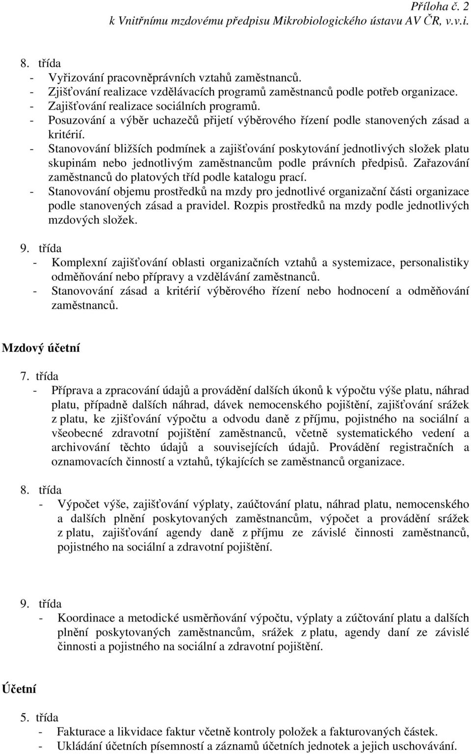 - Stanovování bližších podmínek a zajišťování poskytování jednotlivých složek platu skupinám nebo jednotlivým zaměstnancům podle právních předpisů.