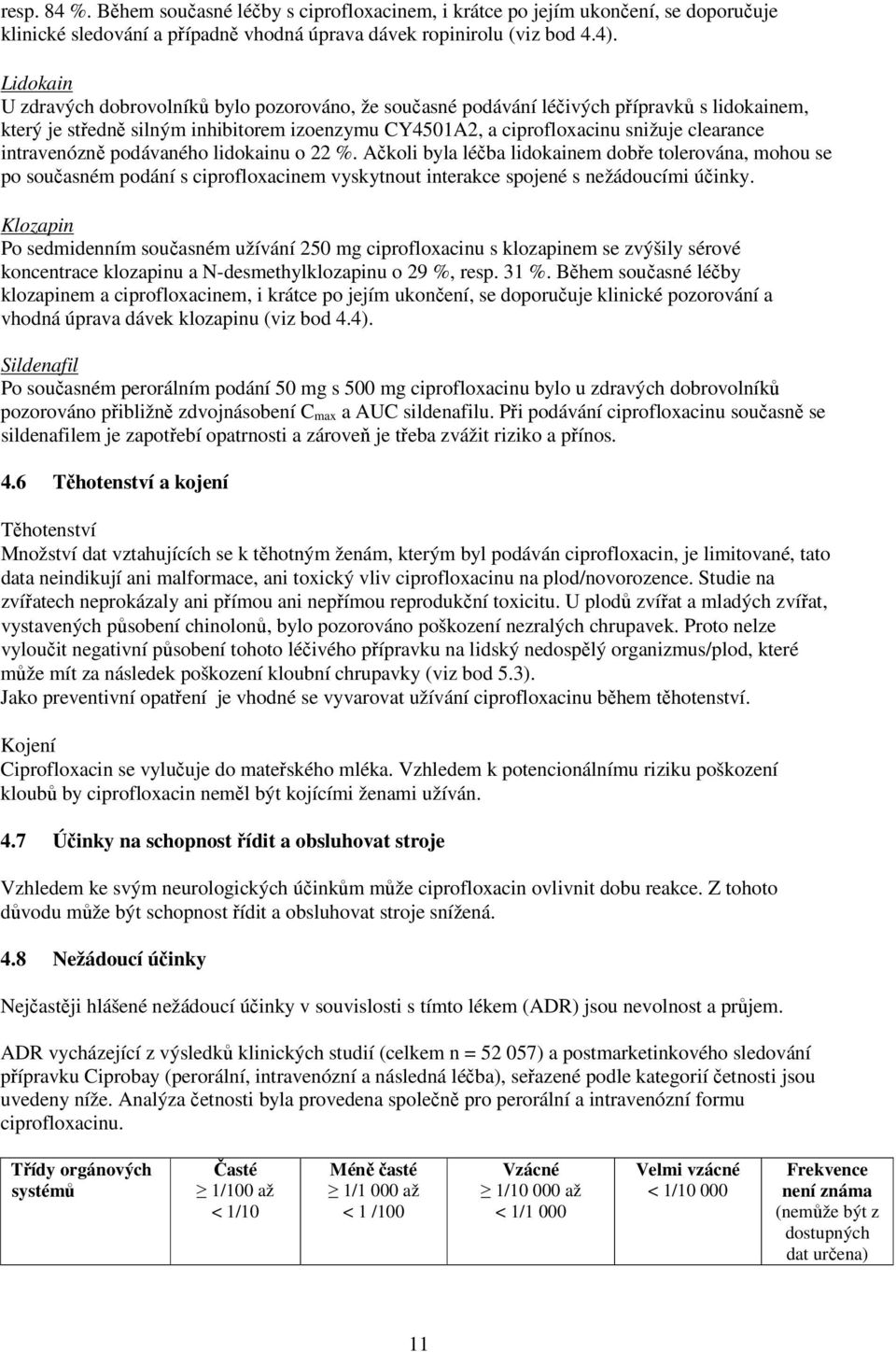 intravenózně podávaného lidokainu o 22 %. Ačkoli byla léčba lidokainem dobře tolerována, mohou se po současném podání s ciprofloxacinem vyskytnout interakce spojené s nežádoucími účinky.