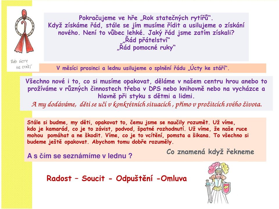 Všechno nové i to, co si musíme opakovat, děláme v našem centru hrou anebo to prožíváme v různých činnostech třeba v DPS nebo knihovně nebo na vycházce a hlavně při styku s dětmi a lidmi.