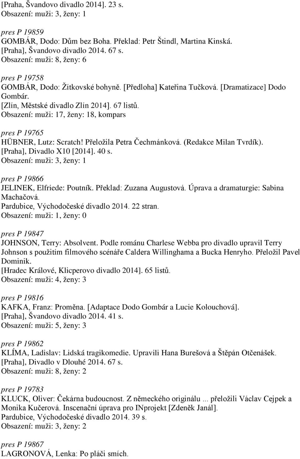 Obsazení: muži: 17, ženy: 18, kompars pres P 19765 HÜBNER, Lutz: Scratch! Přeložila Petra Čechmánková. (Redakce Milan Tvrdík). [Praha], Divadlo X10 [2014]. 40 s.