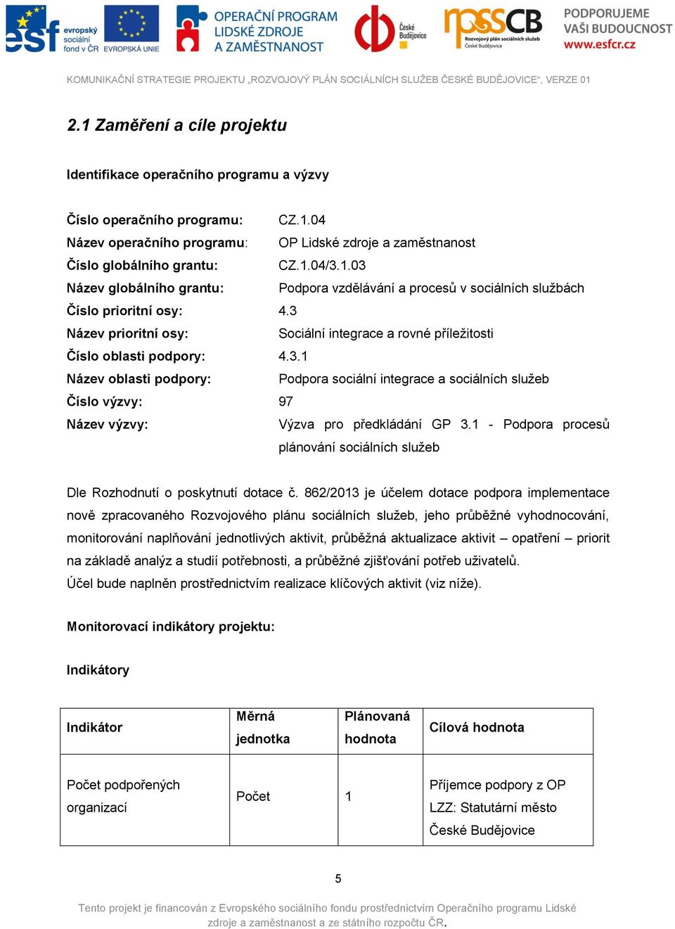 1 - Podpora procesů plánování sociálních služeb Dle Rozhodnutí o poskytnutí dotace č.