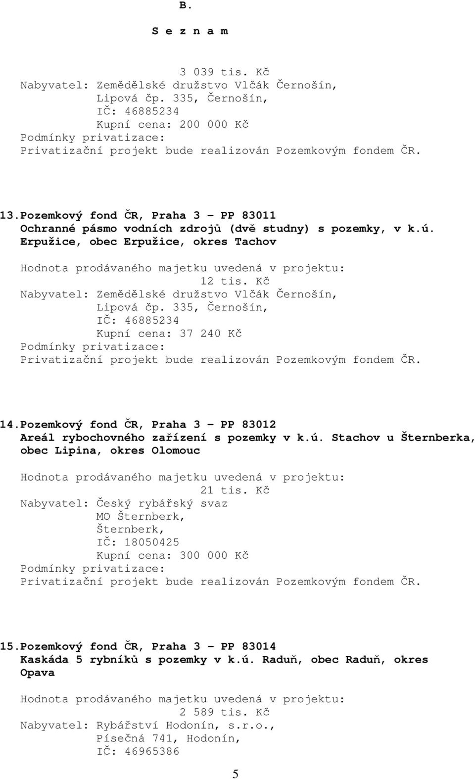 Kč Nabyvatel: Zemědělské družstvo Vlčák Černošín, Lipová čp. 335, Černošín, IČ: 46885234 Kupní cena: 37 240 Kč 14.Pozemkový fond ČR, Praha 3 - PP 83012 Areál rybochovného zařízení s pozemky v k.ú.