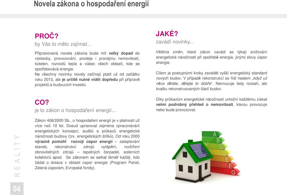 Ne všechny novinky novely začínají platit už od začátku roku 2013, ale je určitě nutné vidět dopředu při přípravě projektů a budoucích investic. CO? je to zákon o hospodaření energií... JAKÉ?