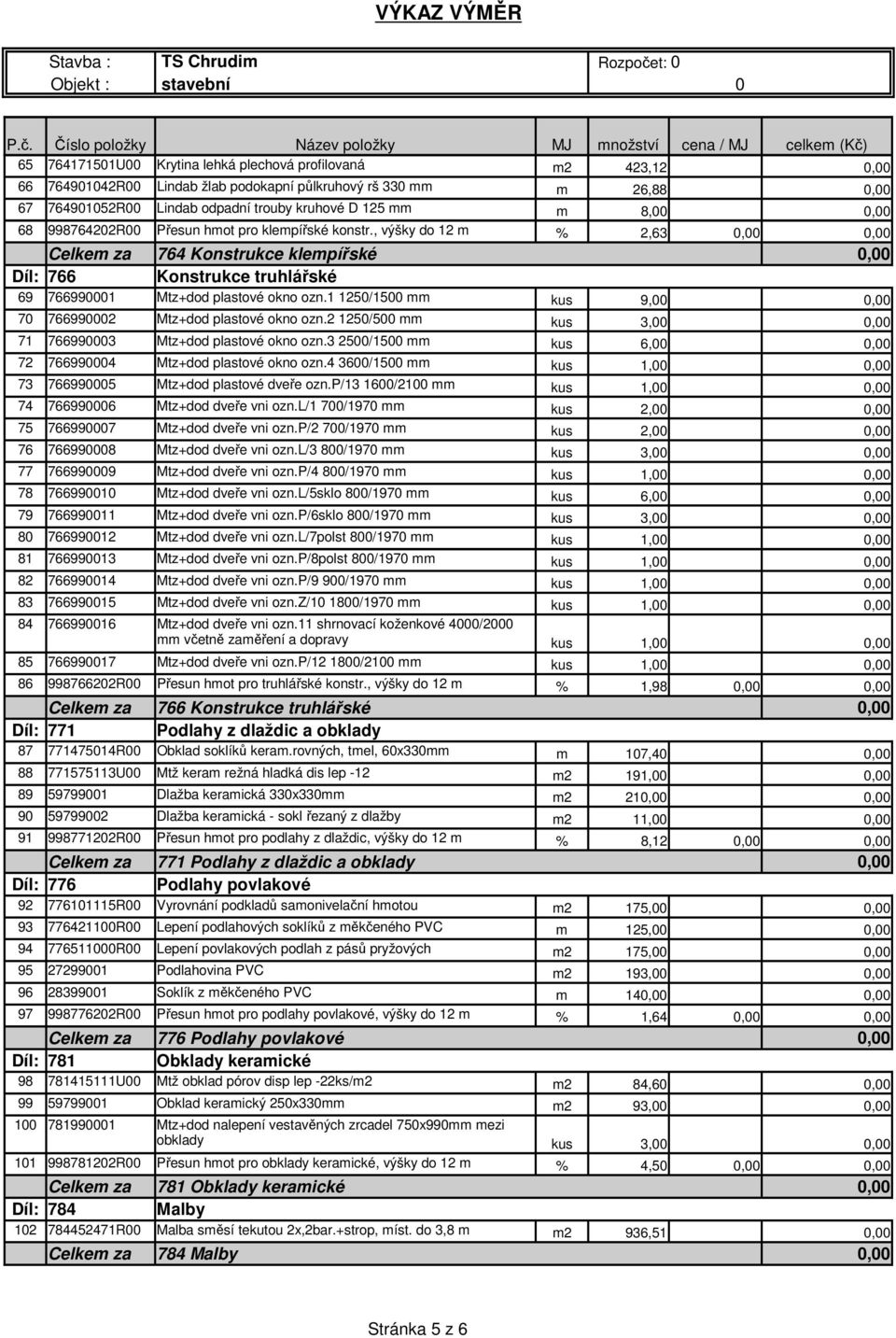 Číslo položky Název položky MJ množsví cena / MJ celkem (Kč) 65 764171501U00 Kryina lehká plechová profilovaná m2 423,12 0,00 66 764901042R00 Lindab žlab podokapní půlkruhový rš 330 mm m 26,88 0,00