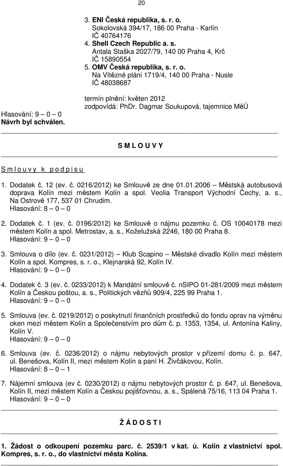 12 (ev. č. 0216/2012) ke Smlouvě ze dne 01.01.2006 Městská autobusová doprava Kolín mezi městem Kolín a spol. Veolia Transport Východní Čechy, a. s., Na Ostrově 177, 537 01 Chrudim.