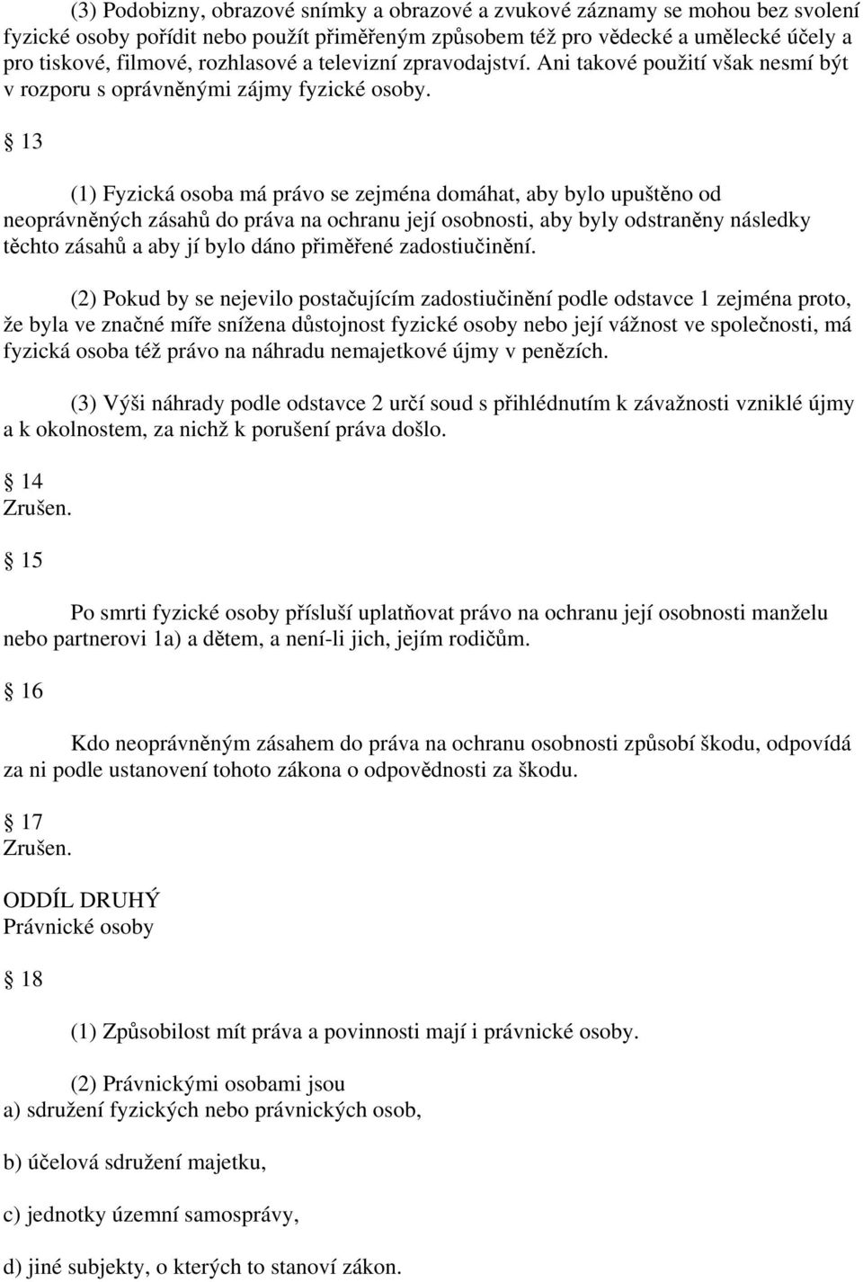 13 (1) Fyzická osoba má právo se zejména domáhat, aby bylo upuštěno od neoprávněných zásahů do práva na ochranu její osobnosti, aby byly odstraněny následky těchto zásahů a aby jí bylo dáno přiměřené