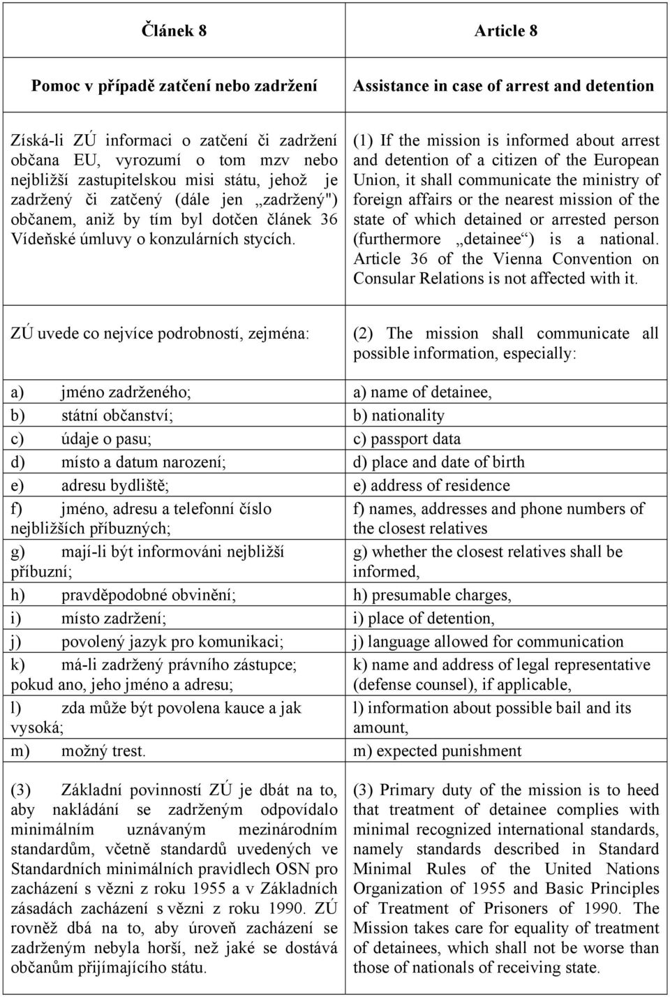 (1) If the mission is informed about arrest and detention of a citizen of the European Union, it shall communicate the ministry of foreign affairs or the nearest mission of the state of which