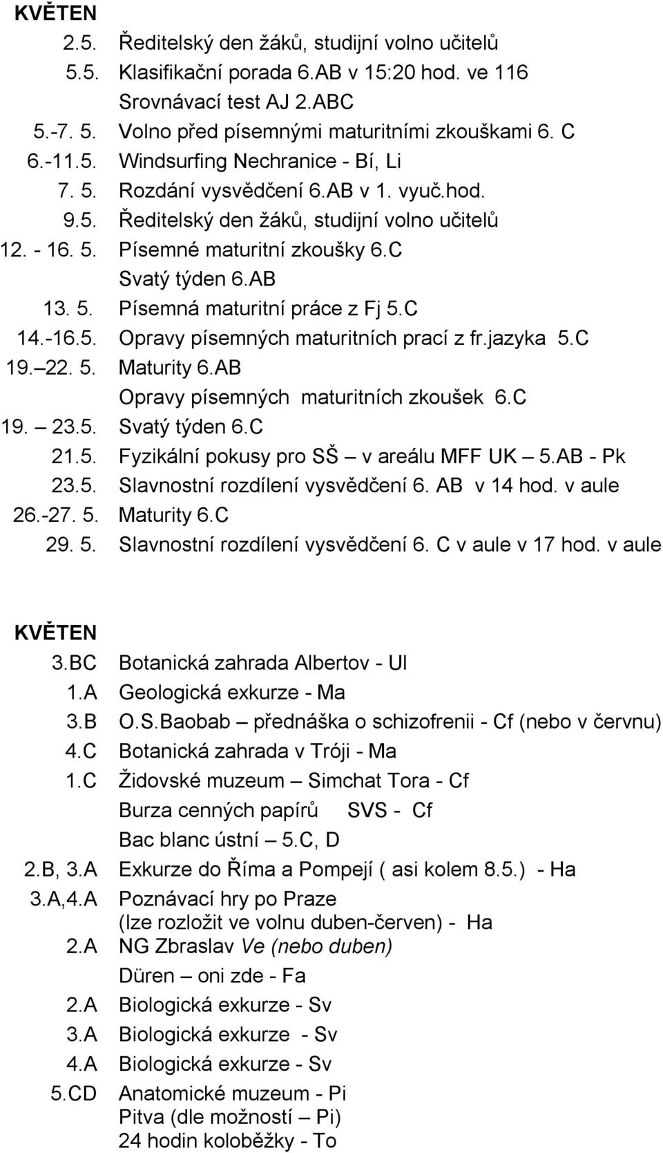 jazyka 5.C 19. 22. 5. Maturity 6.AB Opravy písemných maturitních zkoušek 6.C 19. 23.5. Svatý týden 6.C 21.5. Fyzikální pokusy pro SŠ v areálu MFF UK 5.AB - Pk 23.5. Slavnostní rozdílení vysvědčení 6.