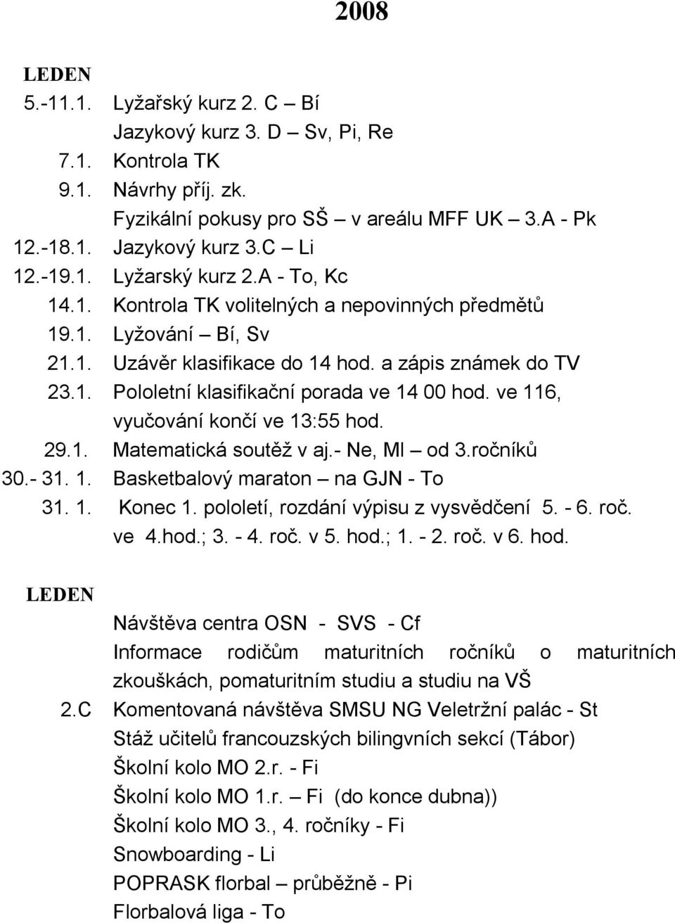 ve 116, vyučování končí ve 13:55 hod. 29.1. Matematická soutěž v aj.- Ne, Ml od 3.ročníků 30.- 31. 1. Basketbalový maraton na GJN - To 31. 1. Konec 1. pololetí, rozdání výpisu z vysvědčení 5. - 6.