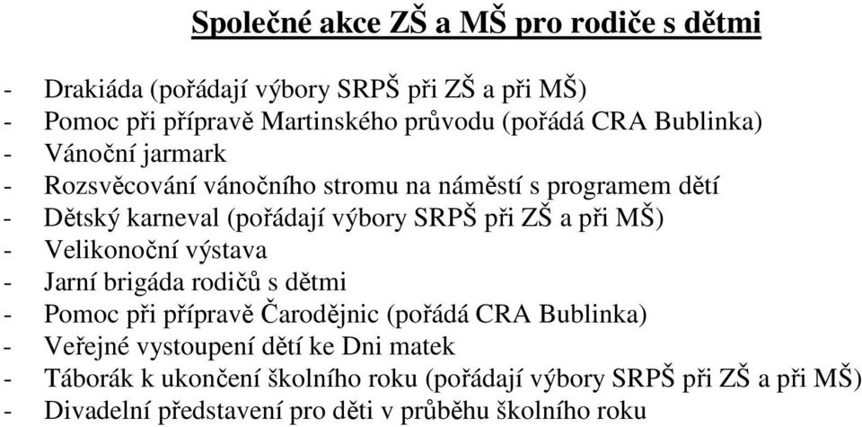 při MŠ) - Velikonoční výstava - Jarní brigáda rodičů s dětmi - Pomoc při přípravě Čarodějnic (pořádá CRA Bublinka) - Veřejné vystoupení dětí